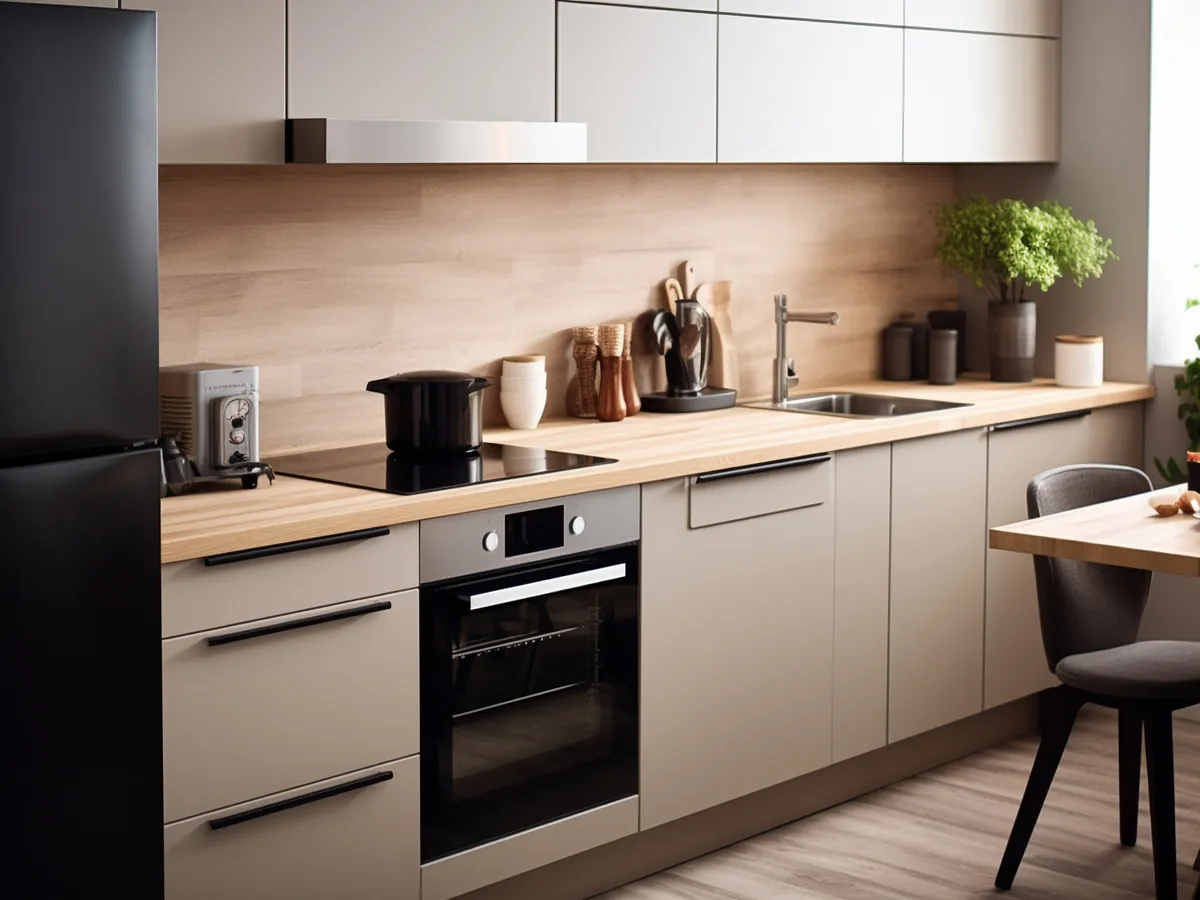 Cocina reformada con encimera de madera y muebles en tono topo